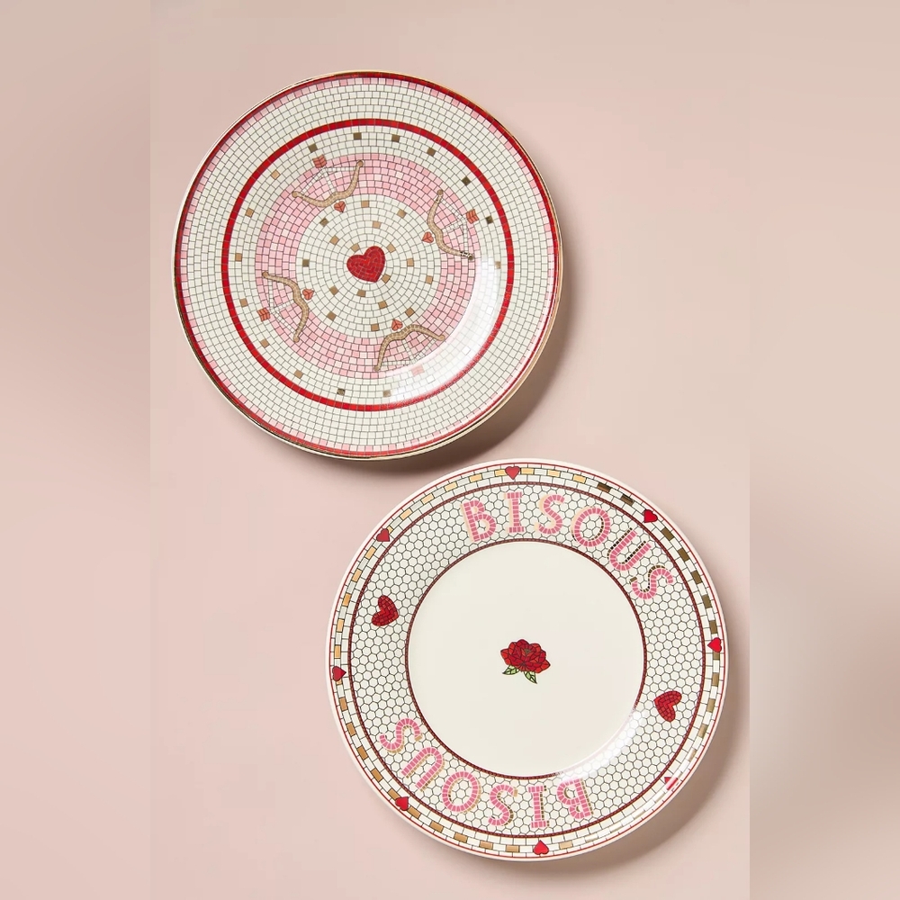 Anthropologie Bistro Tile Stoneware Dessert Plate Valentine's Edition Bisous - Picture 2 of 7
